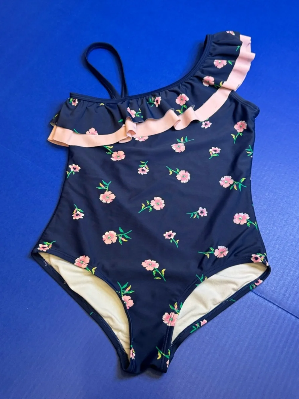 Kanu Surf Navy One-Shoulder Floral Ruffle Girls One-Piece Swim